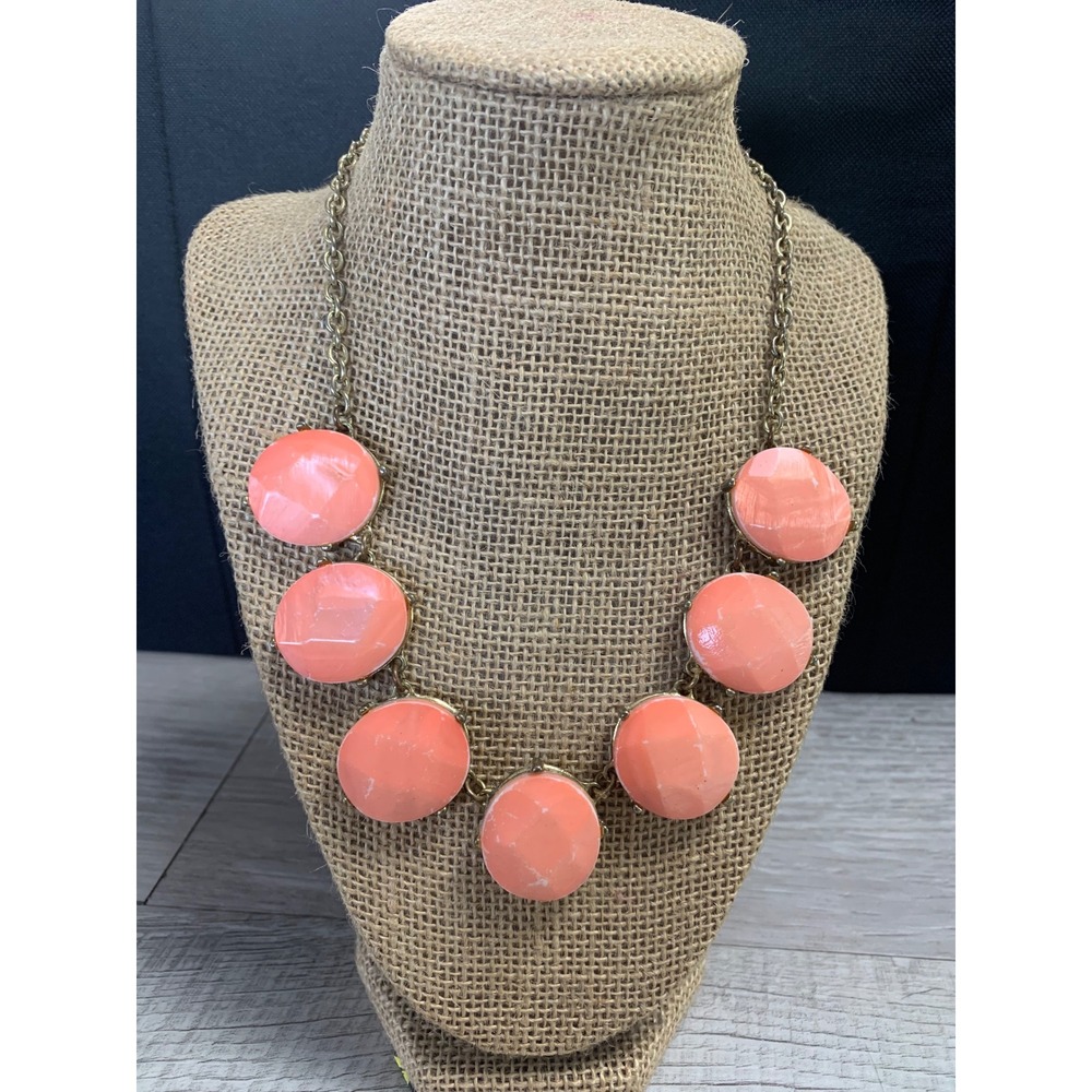 Peach Bib Necklace Gold Tone Chunky Round Marbled Statement Necklace 16 Inch